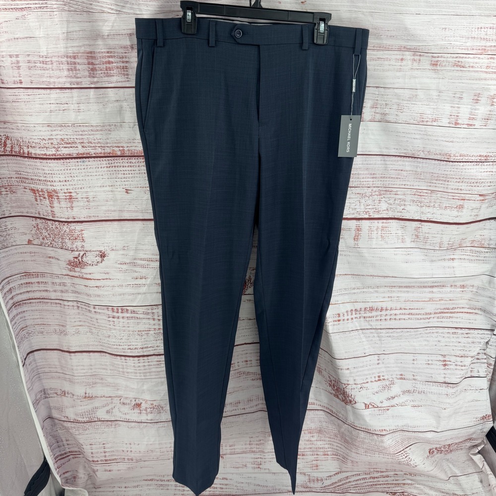 Michael Kors Dress Pants Mens 36x32 Navy Blue Grid Check Flat Front Stretch NEW